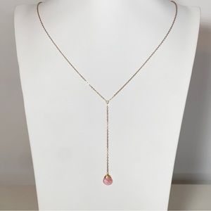 Yellow Gold Long Adjustable Y Shaped Lariat Necklace with Rose Quartz Pendant
